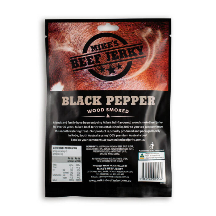 Mike's Beef Jerky image of the back of their Black Pepper Beef Jerky packet.