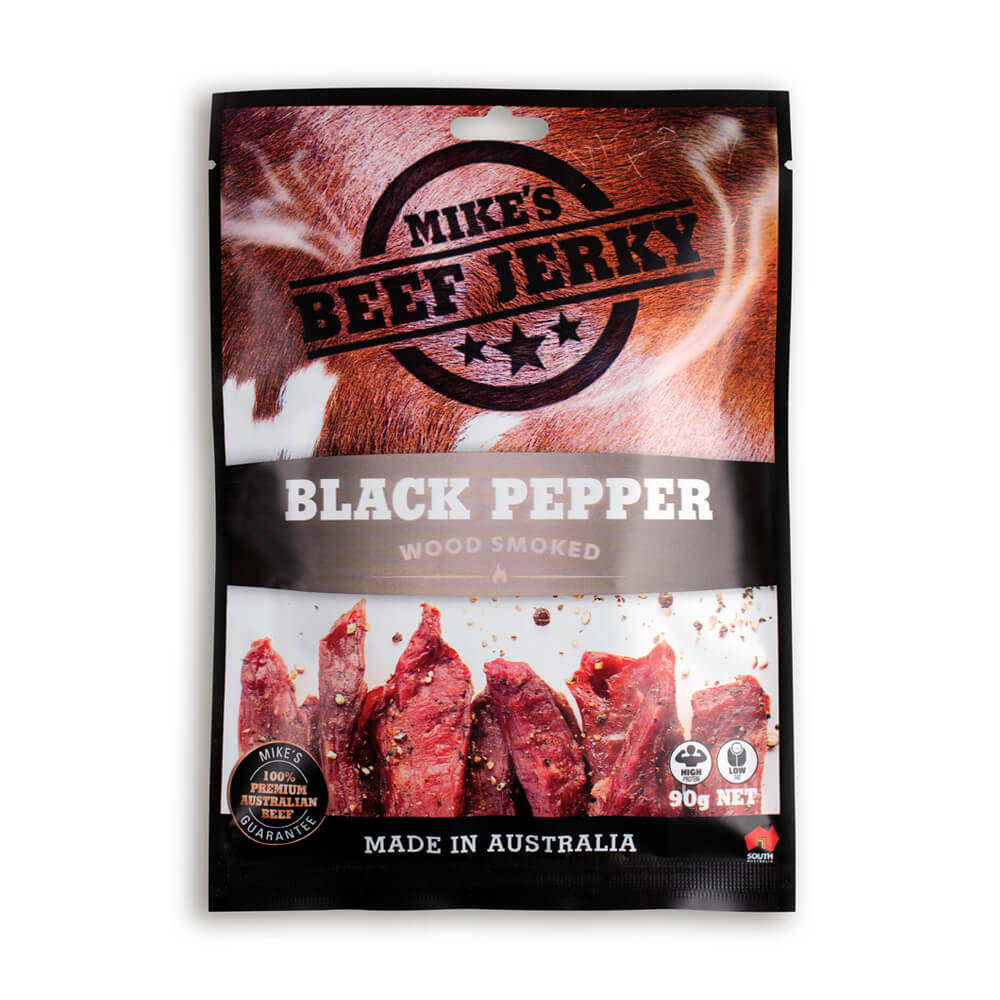 Mike's Beef Jerky image of the front of their Black Pepper Beef Jerky packet.