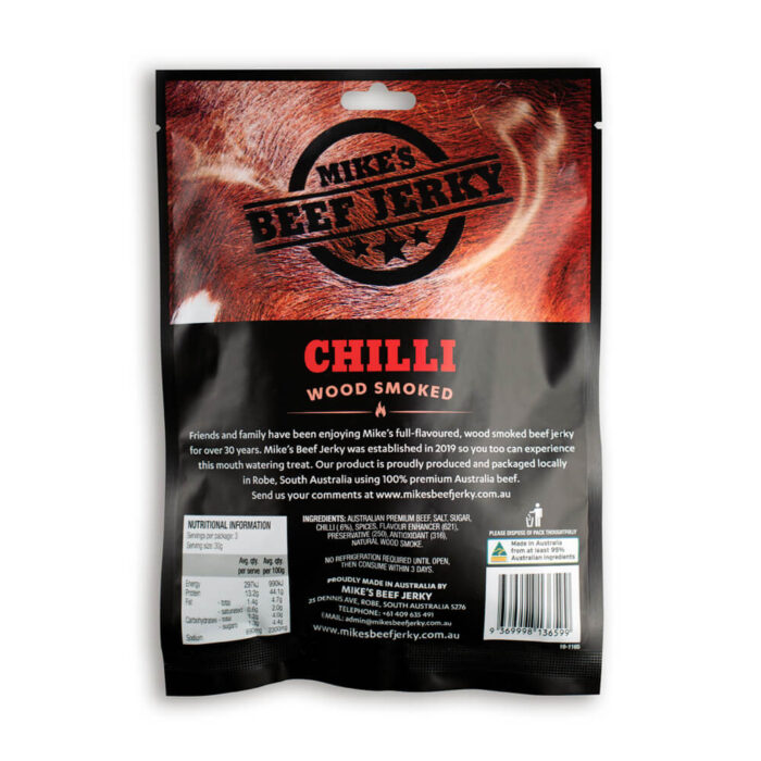 Mike's Beef Jerky image of the back of their Chilli Beef Jerky packet.
