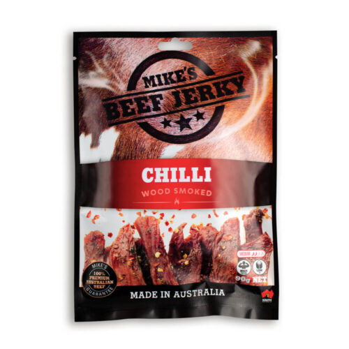 Mike's Beef Jerky image of the front of their Chilli Beef Jerky packet.