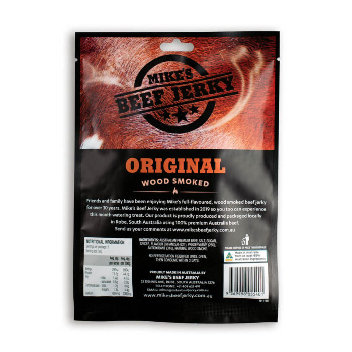 Mike's Beef Jerky image of the back of their Original Beef Jerky packet.
