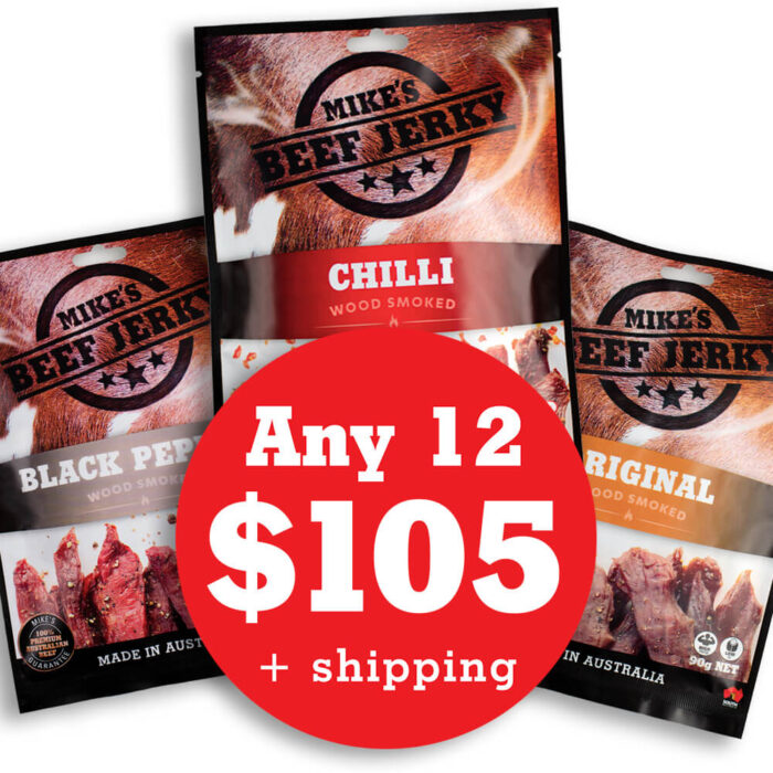 Mike's Beef Jerky - 3 Packs with Red button with Any 12 $105 + Shipping text on it in white.