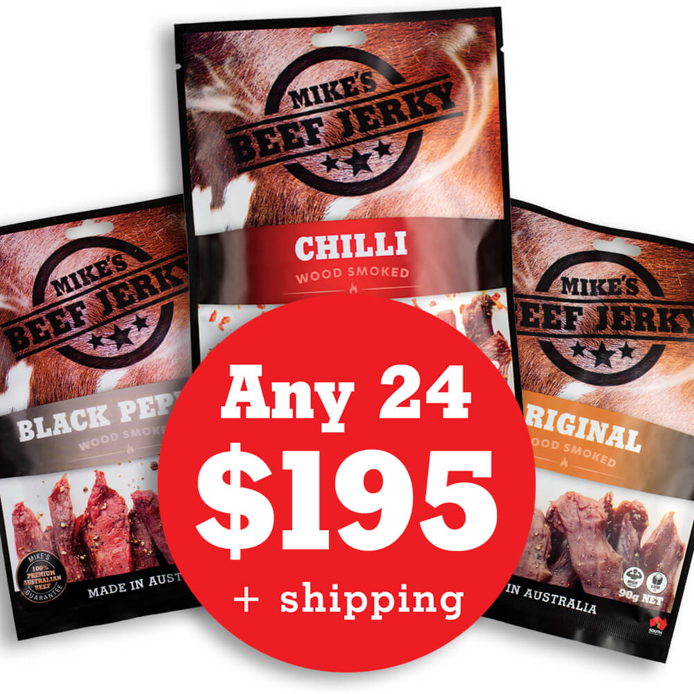 Mike's Beef Jerky - 3 Packs with Red button with Any 24 $195 + Shipping text on it in white.
