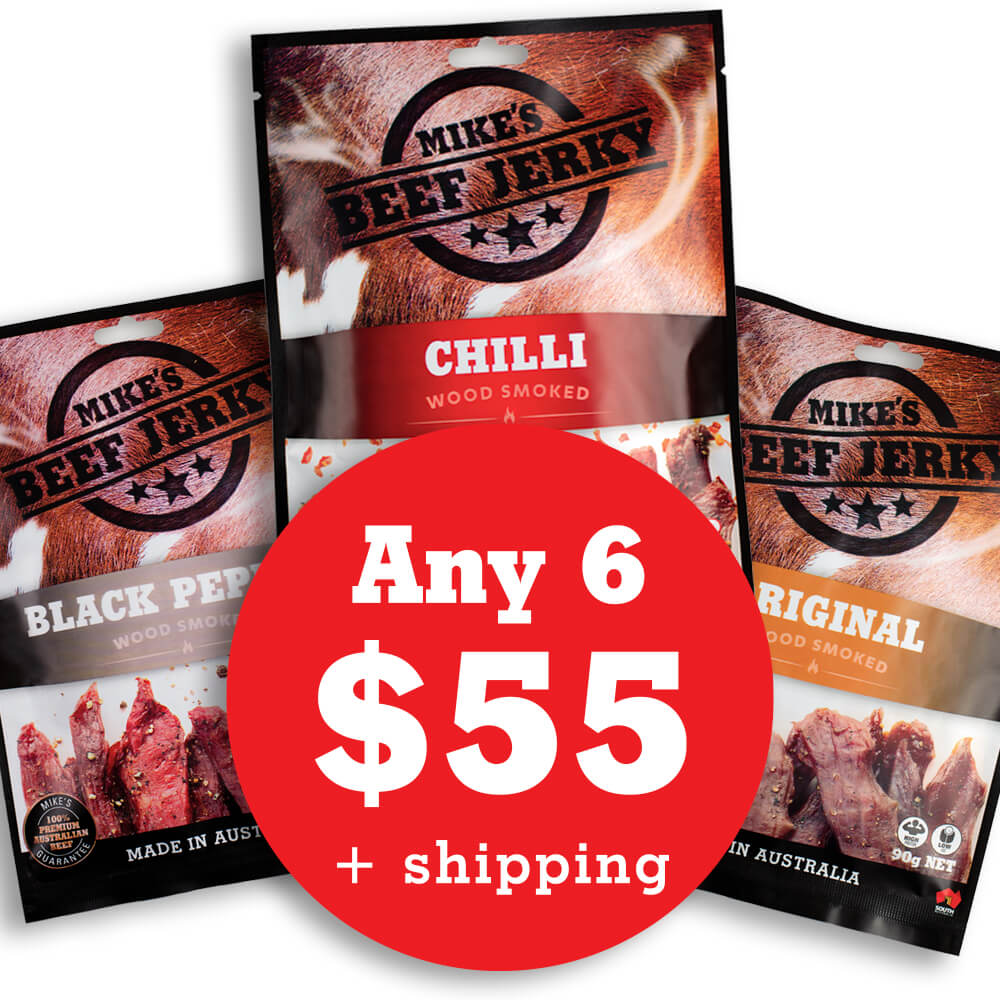 Mike's Beef Jerky - 3 Packs with Red button with Any 6 $55 + Shipping text on it in white.